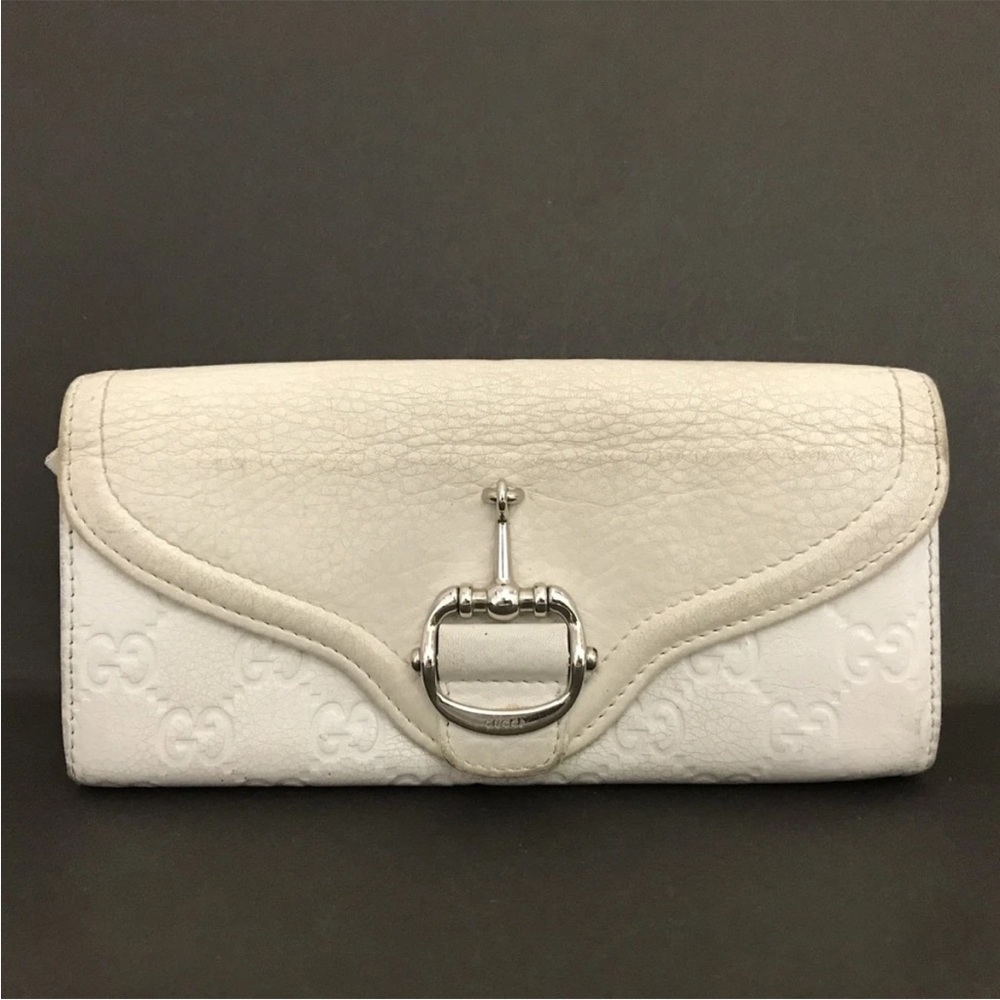 GUCCI Horsebit GG Logo Leather Long Bifold Wallet White